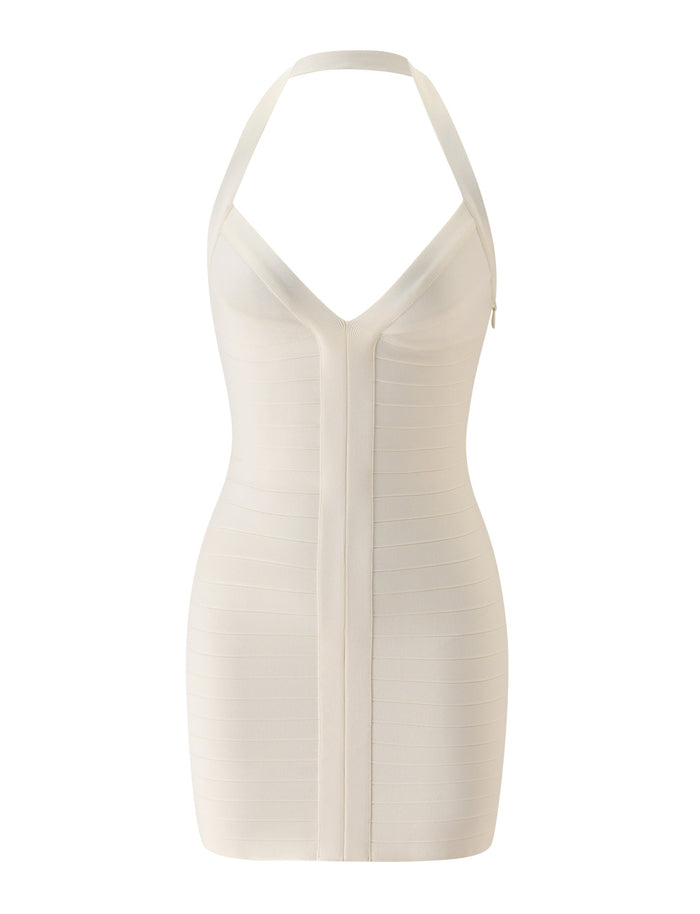 The SYDEL BANDAGE MINI DRESS by TIGERMIST is a fitted, sleeveless cream mini dress featuring a halter neckline and deep V front, showcased against a plain white background—an effortlessly chic option for a bridal brunch.