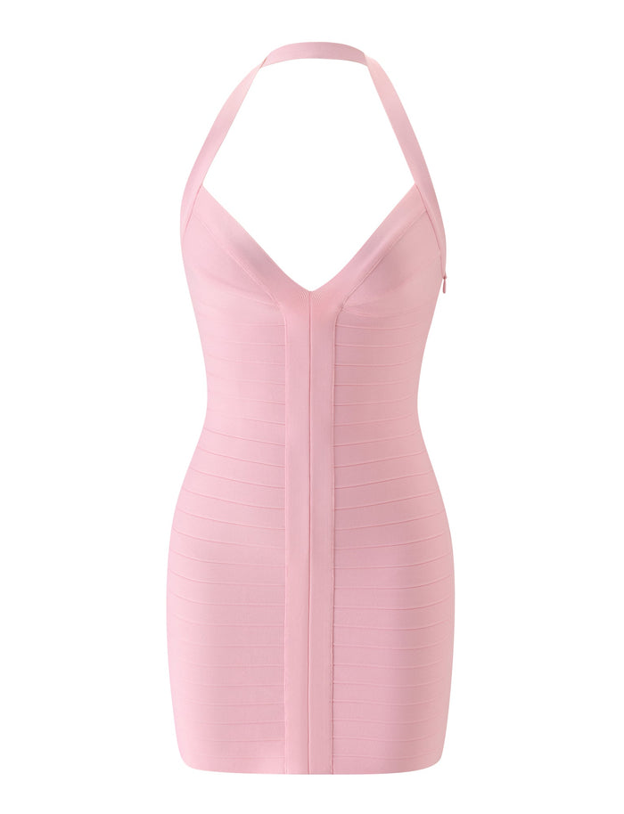 The SYDEL BANDAGE MINI DRESS in Pink Peony by TIGERMIST is a sleeveless mini dress featuring a halter neckline and a fitted, knee-length silhouette, showcased against a white background.