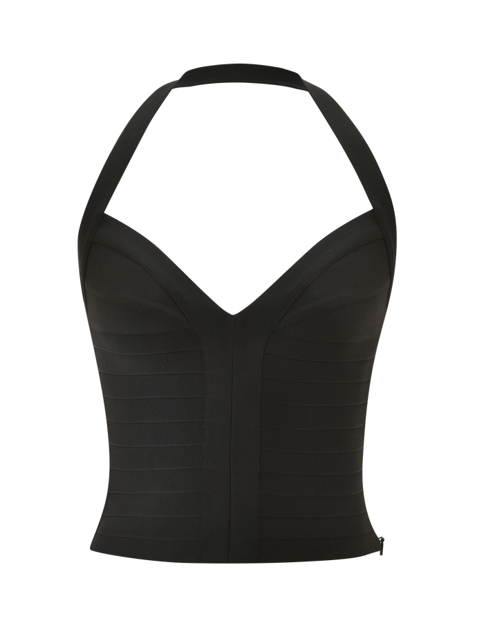 The SYDEL BANDAGE TOP by TIGERMIST is a black halter top with a fitted, bodycon silhouette, sweetheart neckline, and structured panel detailing, shown against a plain white background.