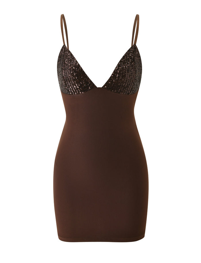 The SYLA MINI DRESS by TIGERMIST is a chocolate-hued, sleeveless mini dress with thin spaghetti straps and a deep V-neckline, showcasing dazzling sequin bust cups, a smooth bodycon skirt, and an alluring open back.
