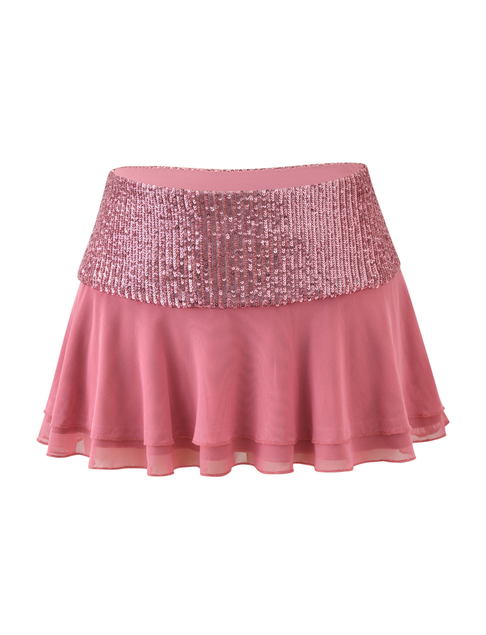 The TIGERMIST SYLA MINI SKIRT - ROSE is a rose pink mini skirt with a wide contrast sequin waistband and layered chiffon for a playful, sparkling style.