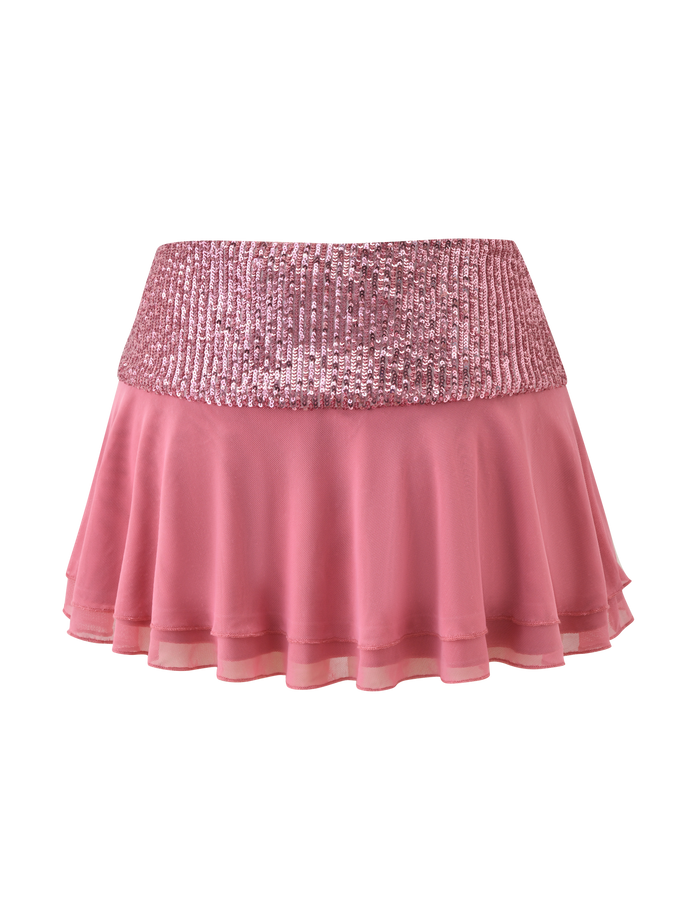 The SYLA MINI SKIRT - ROSE by TIGERMIST is a rose pink sequin mini skirt with a wide contrast sequin waistband and flowy, tiered flounce chiffon bottom, shown against a plain white background.