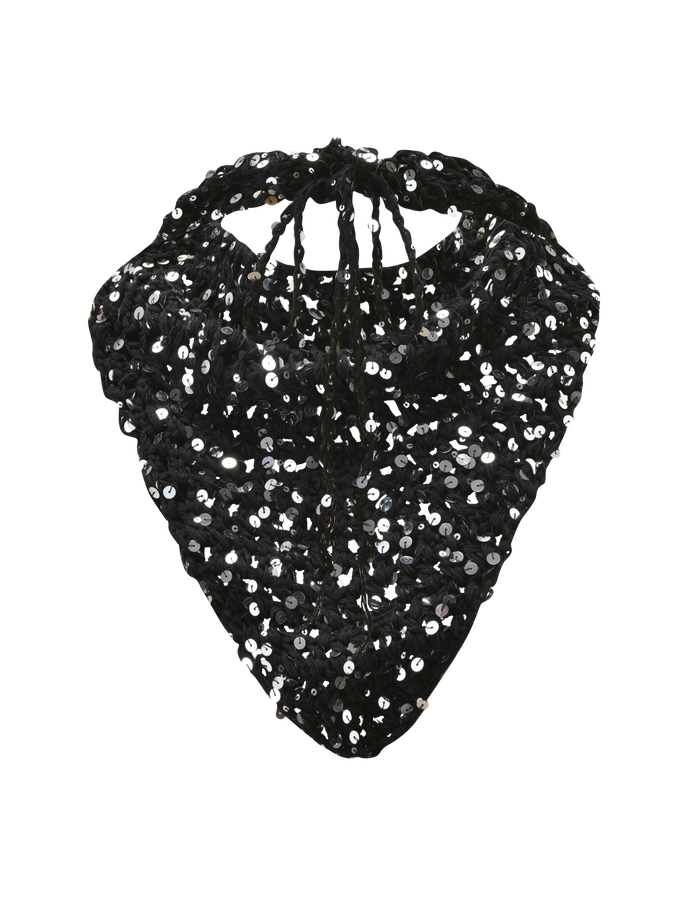 The SYLVAN CROCHET SCARF in black by TIGERMIST, featuring a textured crochet design—ideal as a stylish festival accessory—shown against a plain white background.