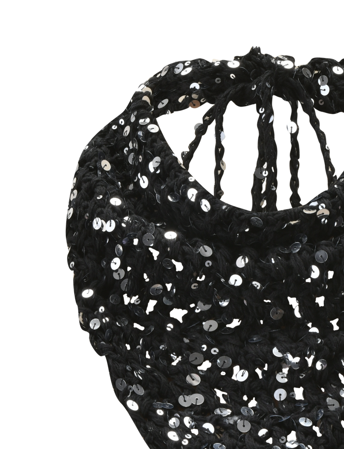 Close-up of the TIGERMIST SYLVAN CROCHET SCARF in black, featuring an open-knit design with shiny black sequins and twisted handles, displayed against a plain white background.
