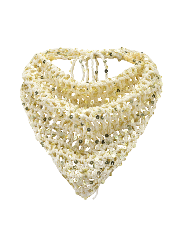 The TIGERMIST SYLVAN CROCHET SCARF in cream is a handmade, triangular bandana-style accessory with scattered green sequins—ideal as a sequin scarf or unique festival piece, shown on a white background.