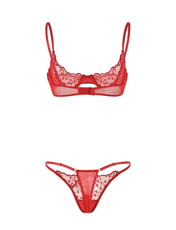 The TIGERMIST TALIYAH SET - RED is a 2-piece matching bra and panty set with sheer lace, floral patterns, adjustable straps, and coordinating lace panties for an elegant look.