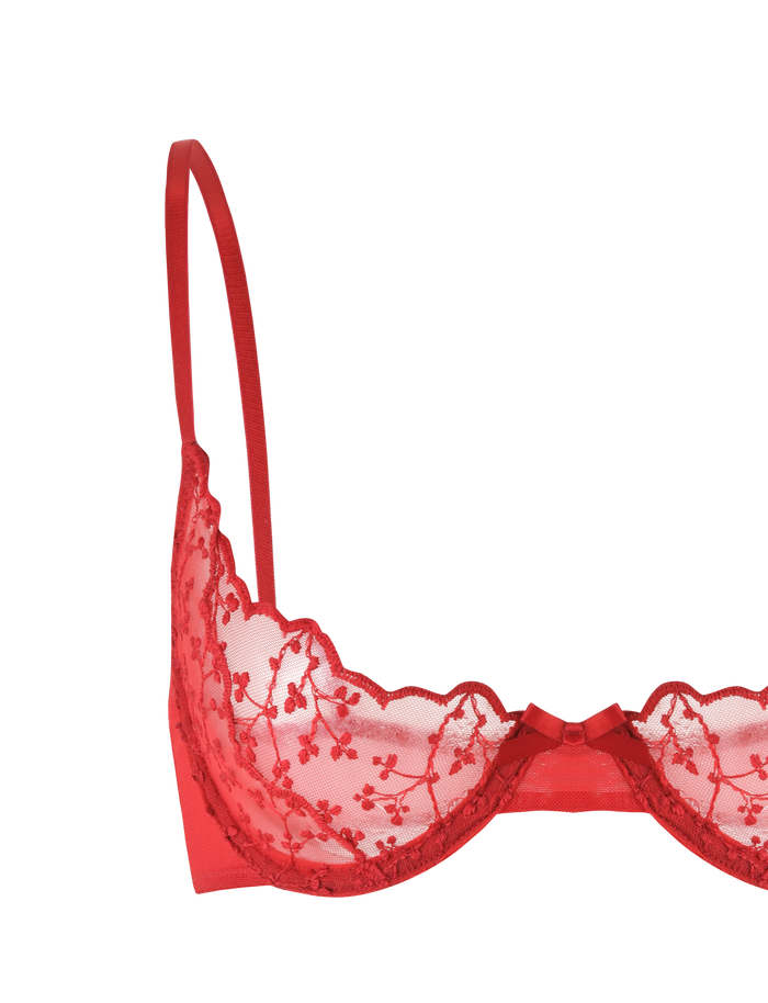 A red lace bra with sheer floral embroidery and thin straps from TIGERMIST’s TALIYAH SET - RED, shown against a plain background.