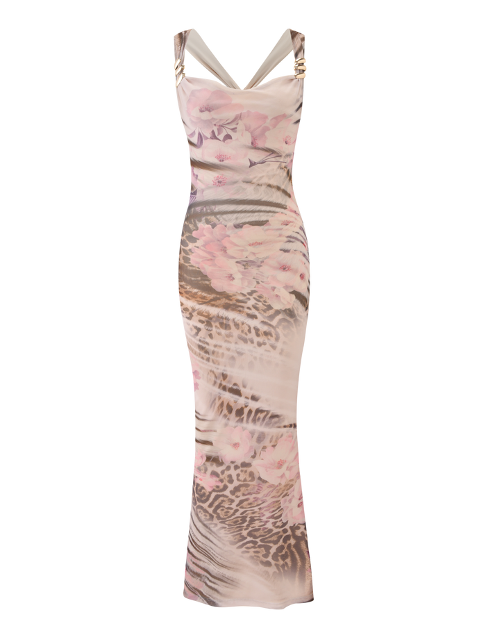 The TAMARIN MAXI DRESS - MOODY ANIMAL FLORAL by TIGERMIST is a sleeveless, floor-length fitted maxi featuring a bold animal print, pink floral accents, metallic shoulder straps, and an elegant silhouette.