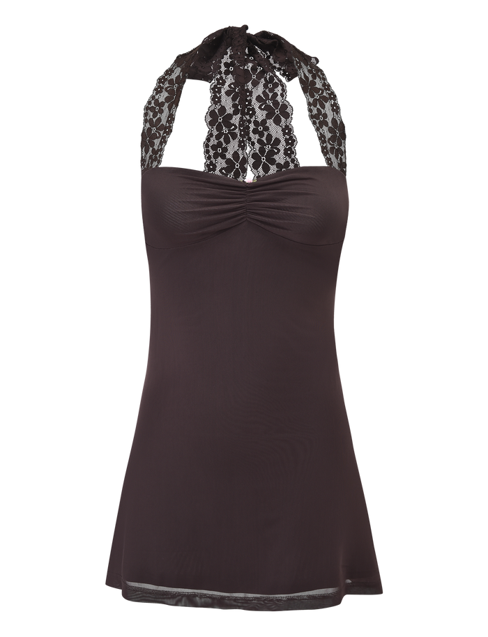 The TAWNY MINI DRESS by TIGERMIST comes in chocolate and features a halter neckline with wide straps that tie at the neck, a fitted bodice with a slight flare at the hem, and elegant lace detailing for a feminine look.
