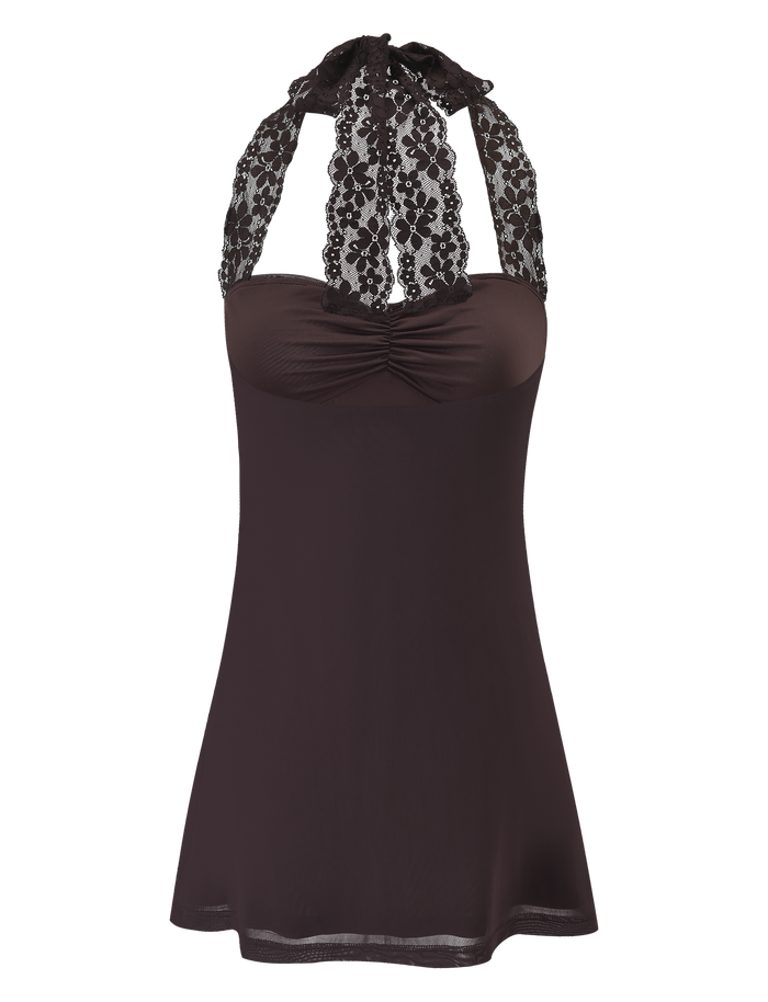 The TAWNY MINI DRESS by TIGERMIST is a chocolate sleeveless halter dress with a lace neckline and straps, gathered bust, and a flowy mini silhouette.