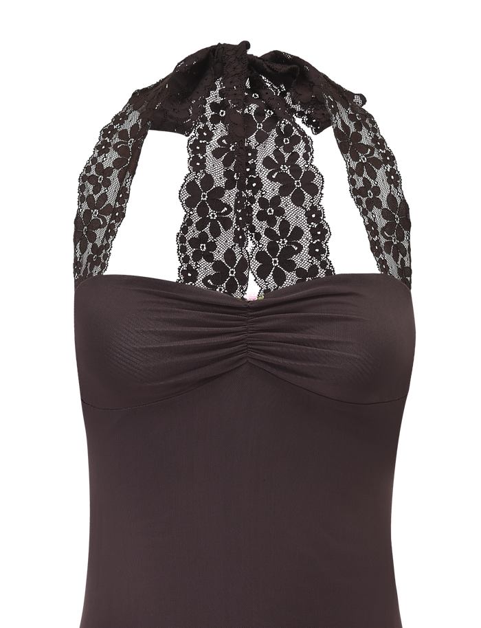 Close-up of the TIGERMIST TAWNY MINI DRESS in chocolate: a lace halter mini with a ruched bust, sheer floral lace tie straps, and a sweetheart-inspired neckline for an elegantly decorative look.