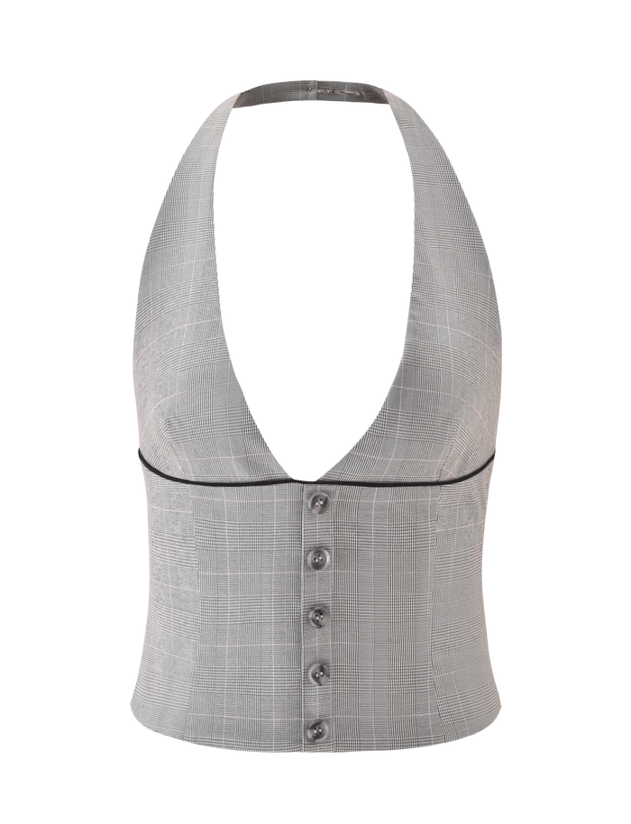 The TERESIA TOP - GREY CHECK by TIGERMIST is a gray plaid halter vest featuring a plunging neckline, black piping under the bust, five front buttons, and stretch suiting fabric, shown on a white background.