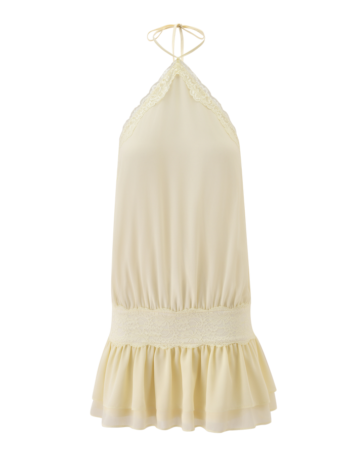 The TESSIE MINI DRESS by TIGERMIST features a cream halter neckline, lace trim, gathered waist, ruffled hem, and thin tie straps—an effortless choice for resort style.