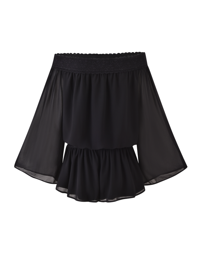 The TESSIE PLAYSUIT in black by TIGERMIST features off-the-shoulder wide sheer flowy sleeves with a ruffled, lace-trimmed hem, displayed against a plain white background.