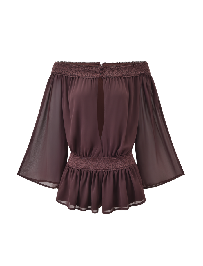 The TIGERMIST TESSIE PLAYSUIT in brown features sheer, wide sleeves, lace trim at the neckline and waist, a ruffled peplum hem, and a back keyhole button closure—perfect for a stylish and coordinated look.
