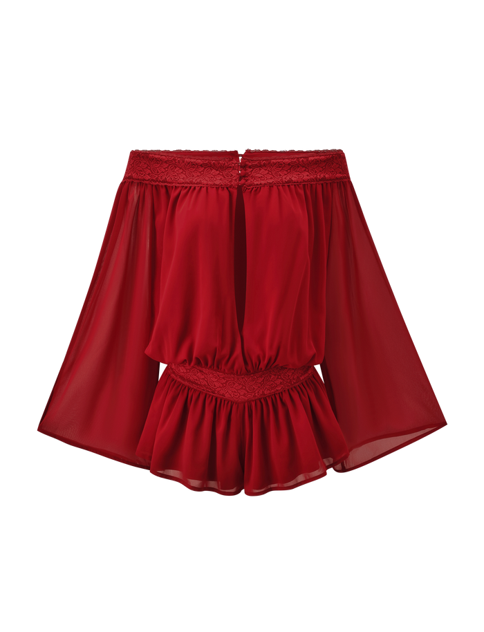 The TESSIE PLAYSUIT in red by TIGERMIST features an off-shoulder design with sheer wide sleeves, lace trim, a fitted waist, and a ruffled hem—crafted from lightweight, flowy fabric for a stylish look.