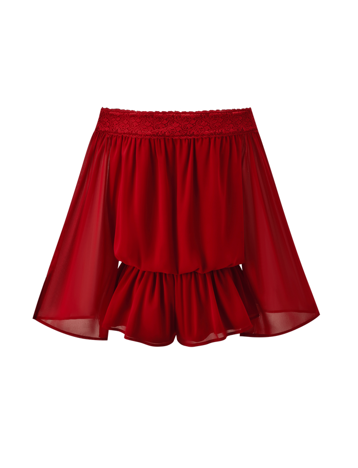 The TESSIE PLAYSUIT - RED by TIGERMIST is a flirty, red off-the-shoulder sheer chiffon playsuit with lace-trimmed neckline and ruffled hem—perfect to style with ruffled mini shorts for an alluring look.