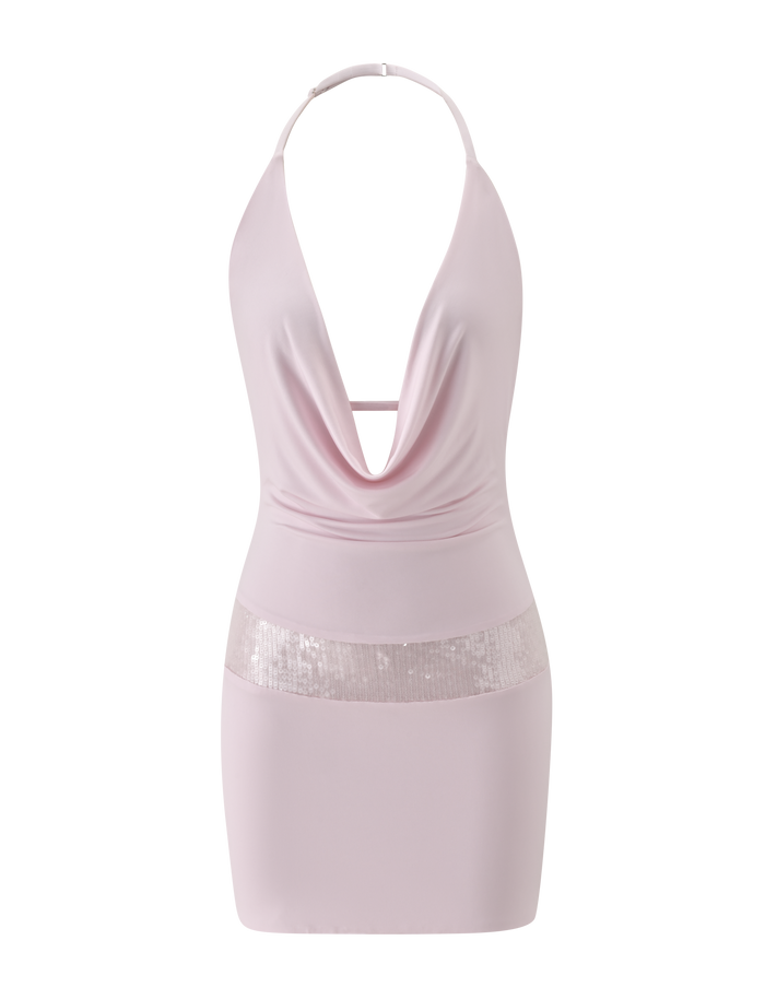 The THARA MINI DRESS by TIGERMIST features a light baby pink hue, halter neck, plunging cowl neckline, wide sequin waist panel, and fitted silhouette, displayed on a plain white background.