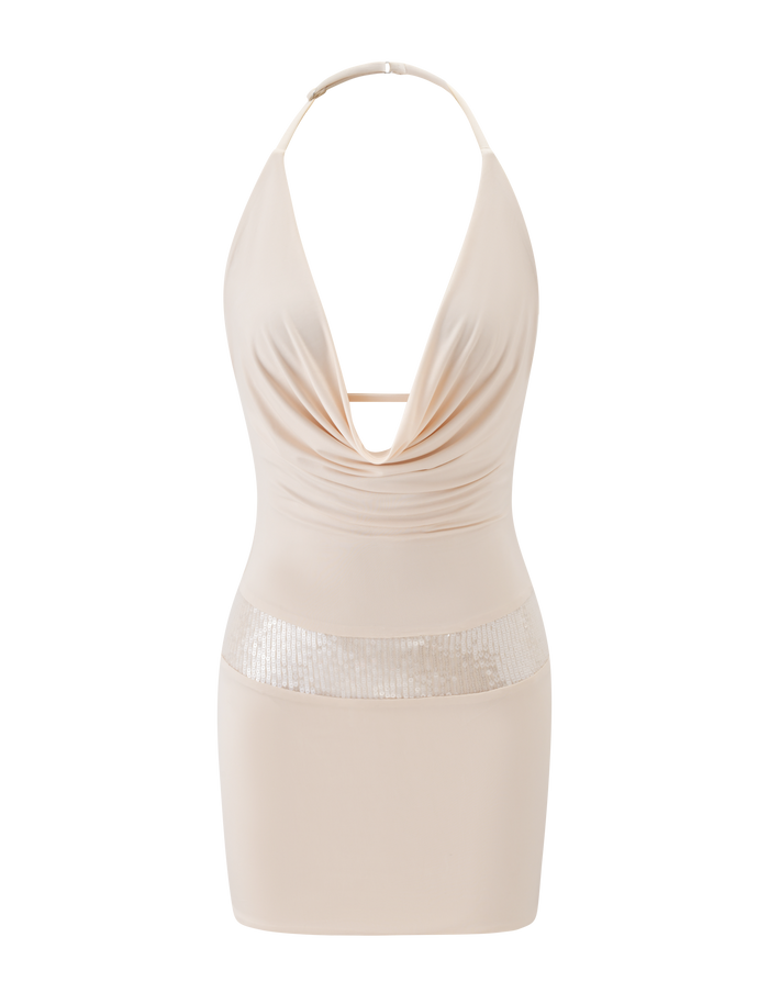 The TIGERMIST THARA MINI DRESS - CREAM is a sleeveless mini dress with an adjustable halter neck, deep plunging neckline, and shiny silver sequin waist panel for a chic, fitted silhouette.