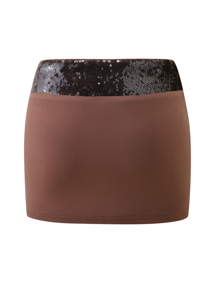 The TIGERMIST THARA MINI SKIRT - CHOCOLATE features a mini silhouette with a shiny black sequin waistband, shown against a white background.