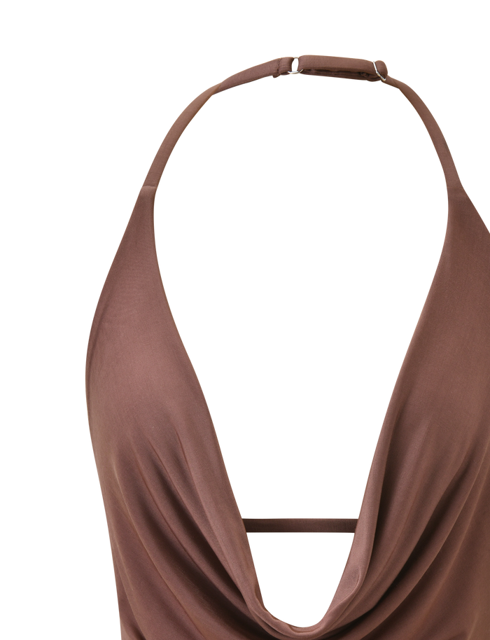 The TIGERMIST THARA TOP - CHOCOLATE is a brown halter top with a plunging cowl neckline, silky soft fabric, draped front, and adjustable neck strap, shown in close-up against a white background.