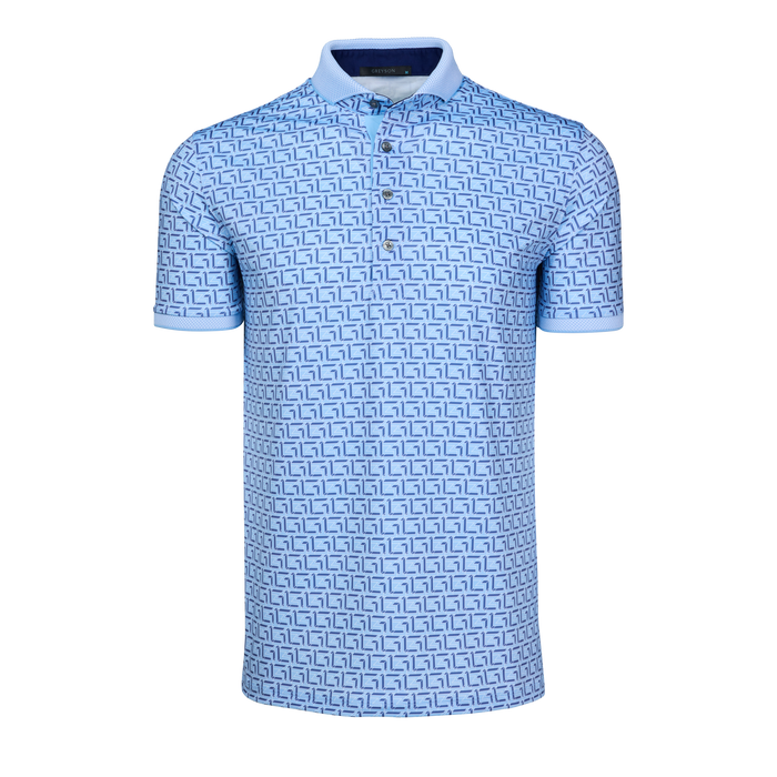 Wolf Blue Geometric Print Performance Golf Polo - Front View | Greyson Clothiers