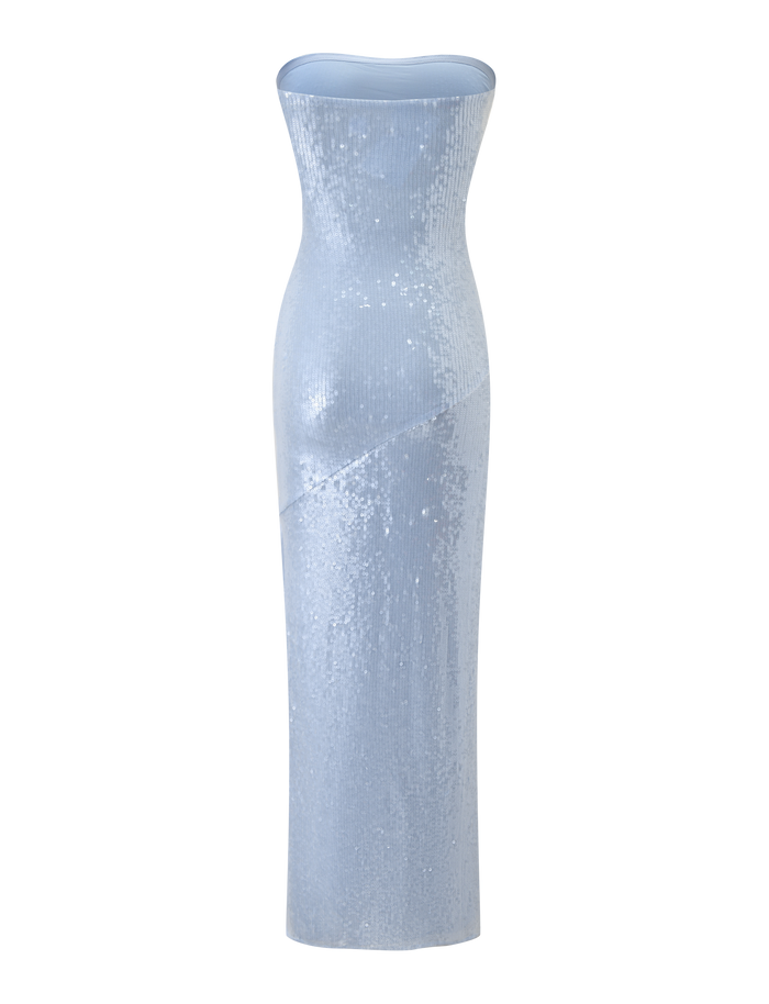 The TIGERMIST THEO SEQUIN MAXI DRESS in soft blue features a strapless bandeau neckline, fitted mermaid silhouette, sequin detailing, and subtle diagonal seams, displayed on a plain white background.