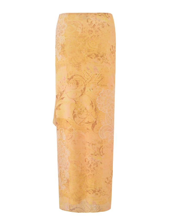 The TIGERMIST THEO SKIRT - LEMON BUTTERFLY PAISLEY is a long, straight, high-waisted skirt in yellow and orange with a delicate butterfly paisley and swirl print.