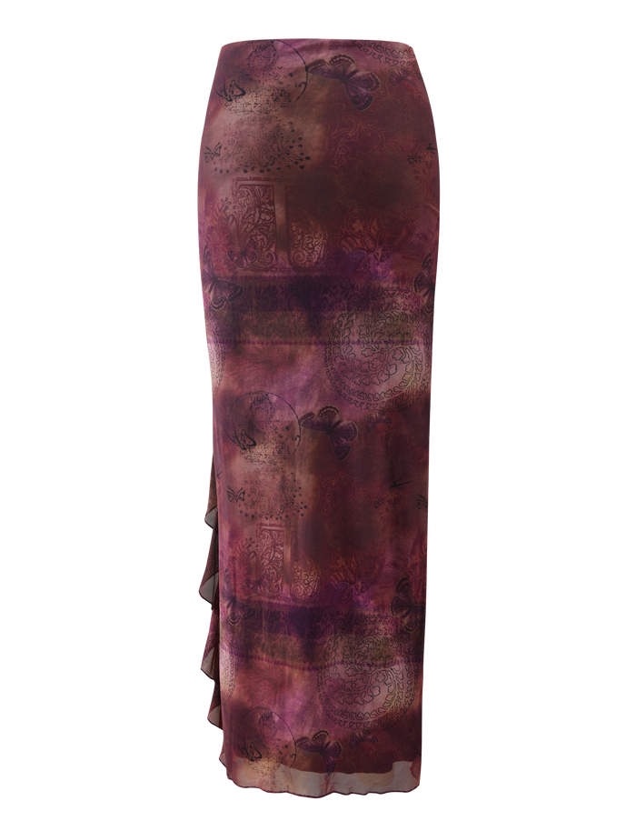 The TIGERMIST THEO SKIRT - PLUM BUTTERFLY PAISLEY is a high-waisted, fitted skirt with a reddish-purple butterfly paisley and floral print, waterfall side ruffle, and a sheer, lightweight finish.