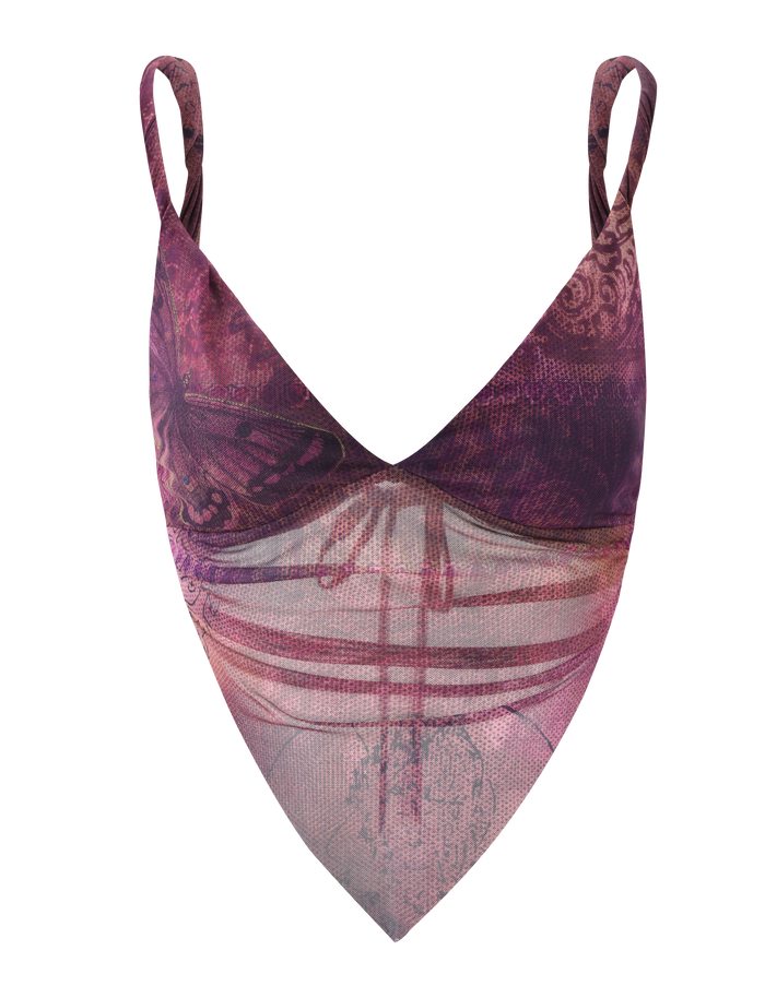 The TIGERMIST THEO TOP - PLUM BUTTERFLY PAISLEY features a pink and purple V-neck handkerchief hem, thin straps, and an abstract butterfly paisley print on a white background.