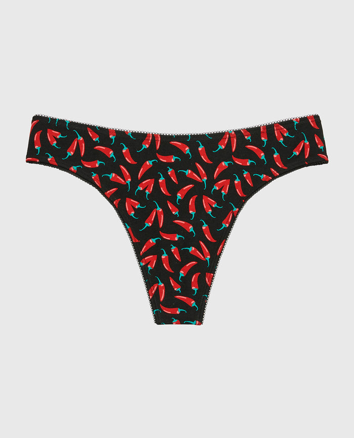 Thong Cotton Panty and Picot Trim in Hot Chili Peppers
