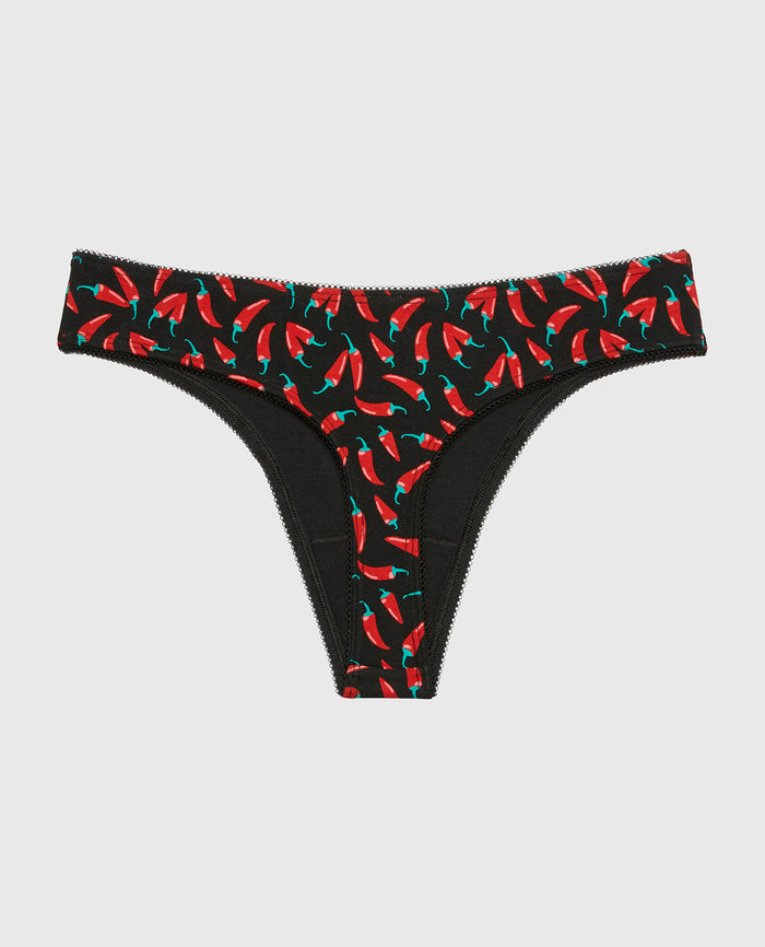 Thong Cotton Panty and Picot Trim in Hot Chili Peppers
