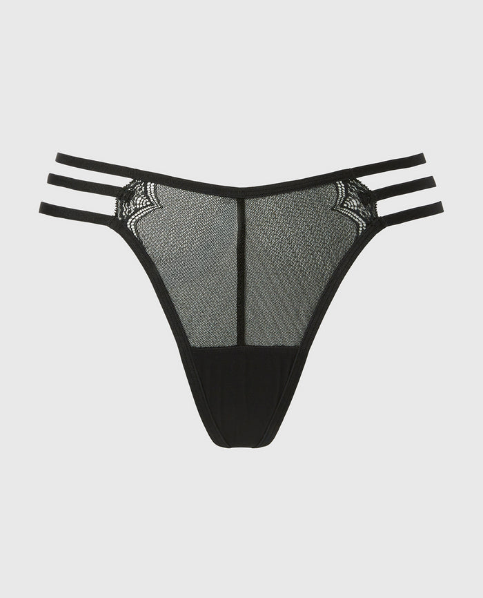 Thong Panty Exquisite Lace with Strappy Sides in Tuxedo Black
