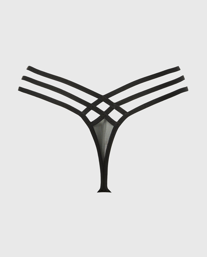 Thong Panty Exquisite Lace with Strappy Sides in Tuxedo Black