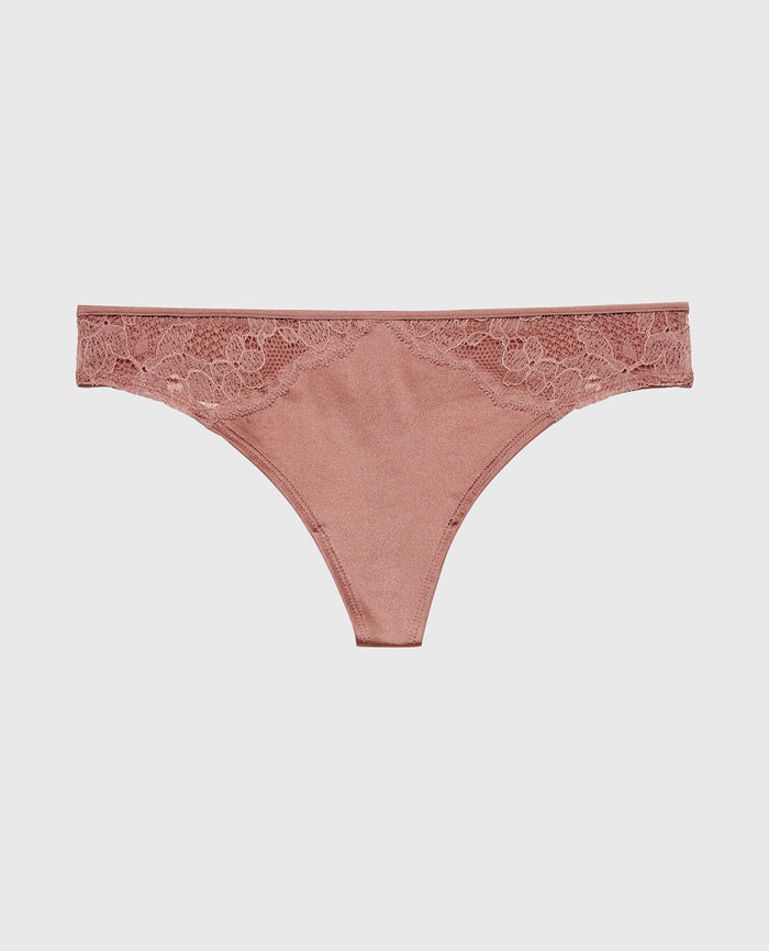 Thong Panty With Lace Micro Trim in Deer