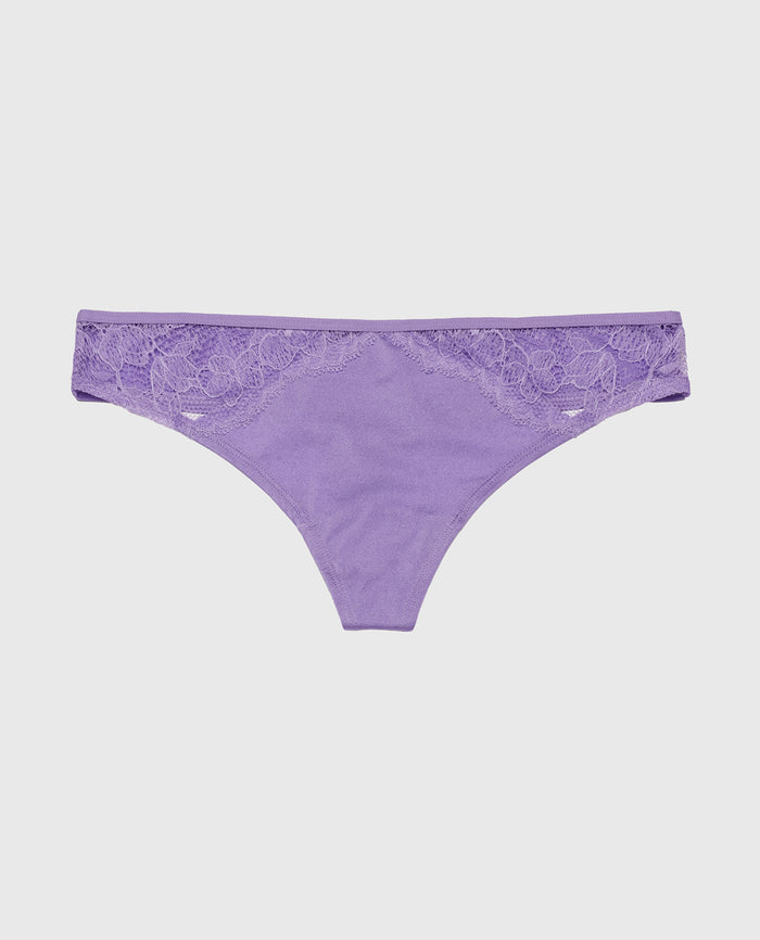 Thong Panty with Lace Micro Trim in Paisley Purple