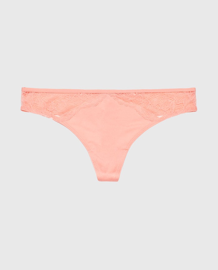 Thong Panty with Lace Micro Trim in Peach Fizz