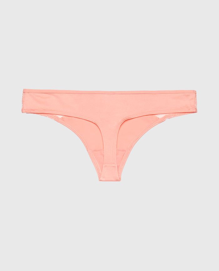 Thong Panty with Lace Micro Trim in Peach Fizz