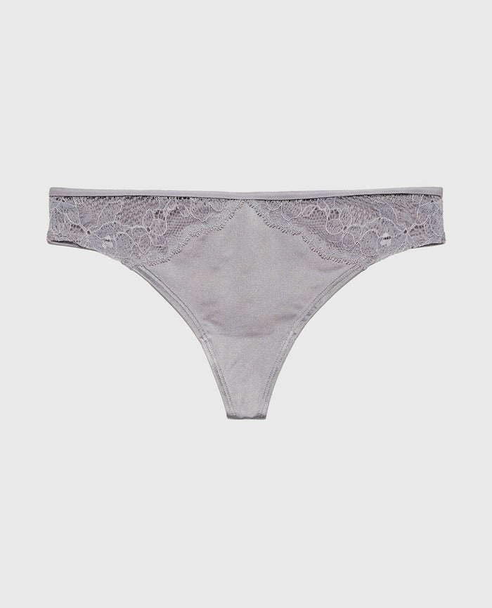 Thong Panty With Lace Micro Trim in Quicksilver