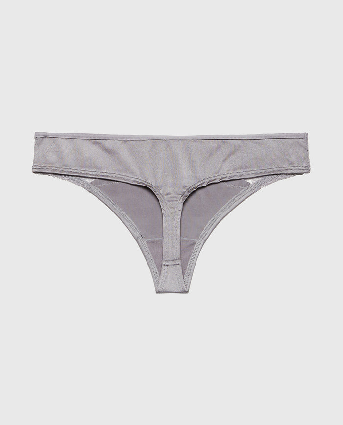Thong Panty With Lace Micro Trim in Quicksilver