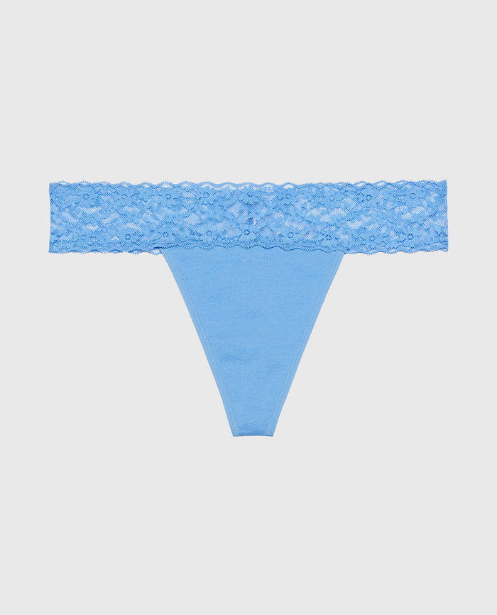 Thong Panty With Lace Trim in Azure Blue