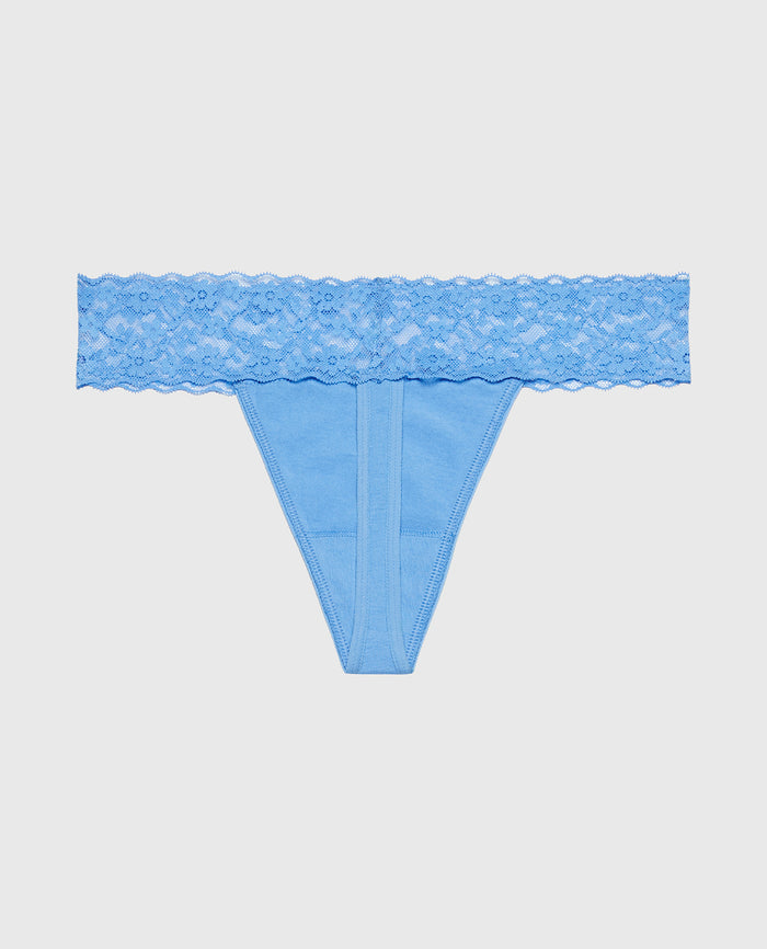 Thong Panty With Lace Trim in Azure Blue