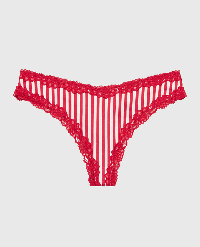 Thong Panty With Lace Trim in Candy Cane Stripe