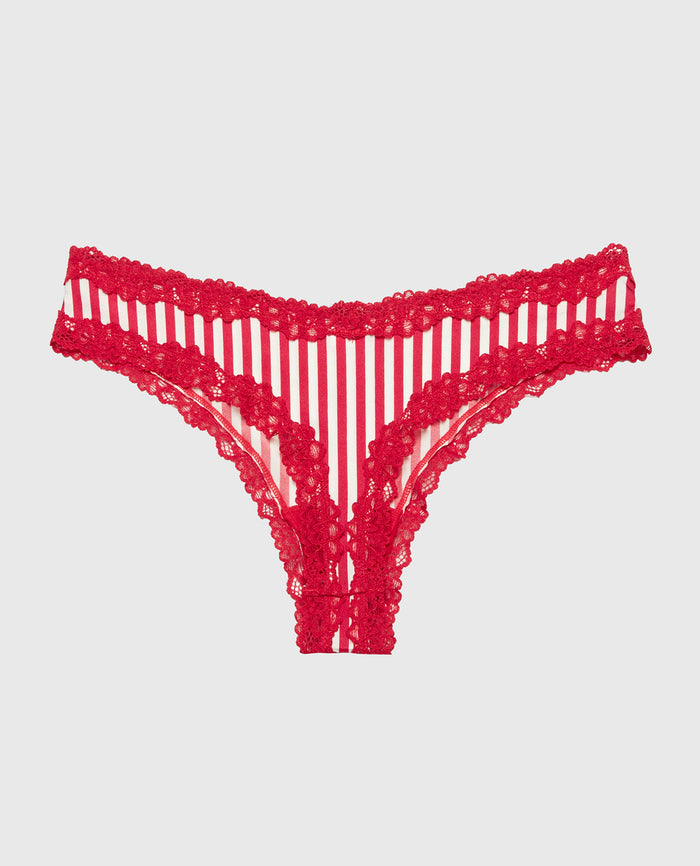 Thong Panty With Lace Trim in Candy Cane Stripe