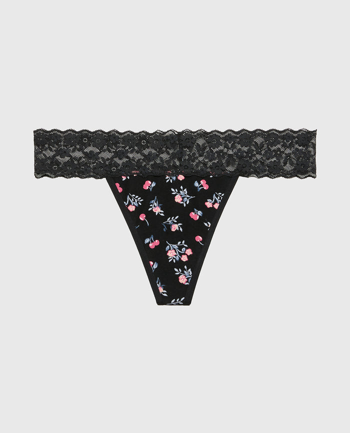 Thong Panty With Lace Trim in Cherry Bouquet