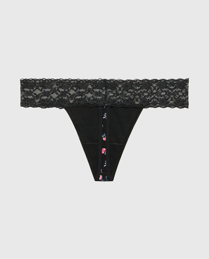 Thong Panty With Lace Trim in Cherry Bouquet