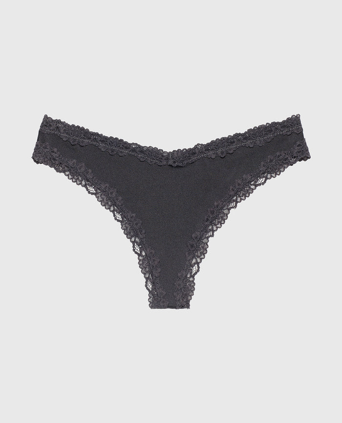 Thong Panty With Lace Trim in Ebony
