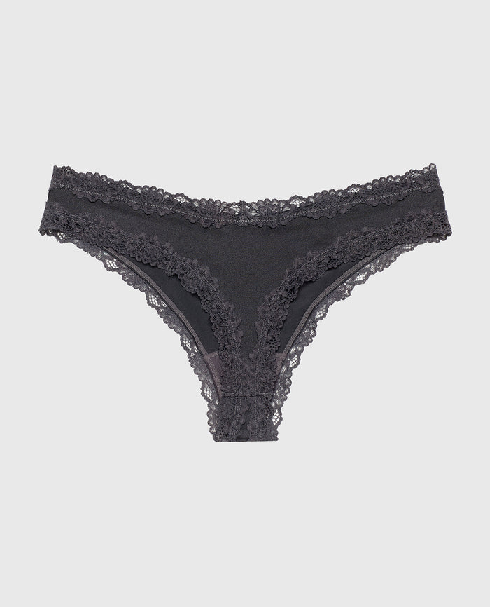 Thong Panty With Lace Trim in Ebony