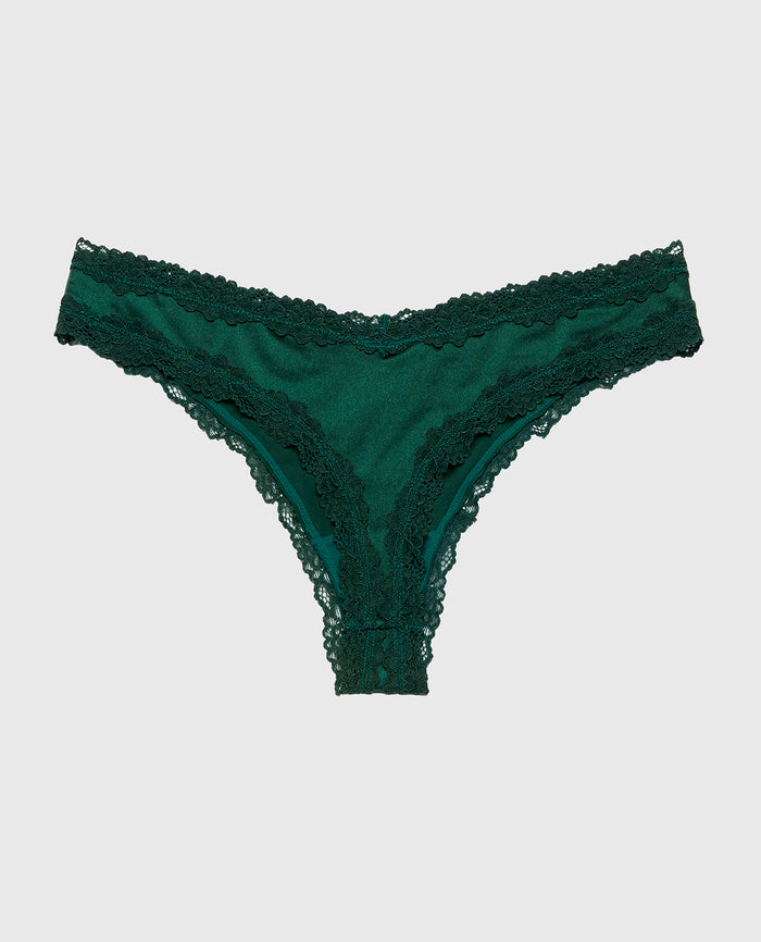 Thong Panty With Lace Trim in Emerald Green