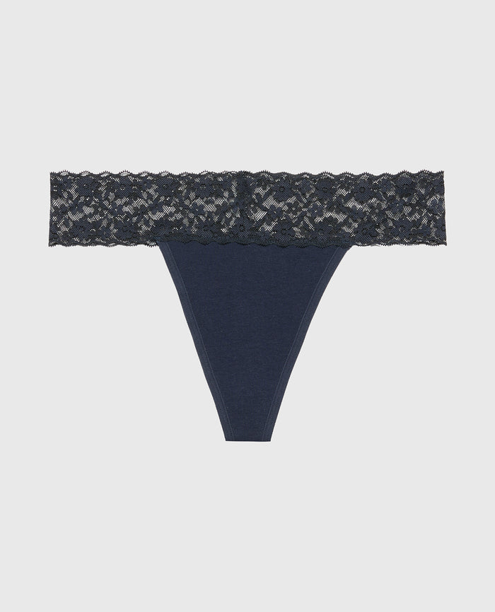 Thong Panty With Lace Trim in Navy Blazer